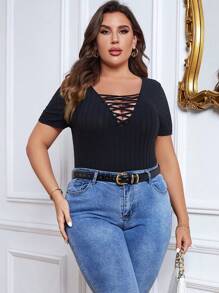 SHEIN Essnce Plus Crisscross Front Ribbed Knit Tee - Black - View 2