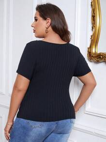SHEIN Essnce Plus Crisscross Front Ribbed Knit Tee - Black - View 3