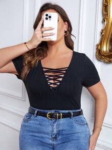 SHEIN Essnce Plus Crisscross Front Ribbed Knit Tee - Black - View 1