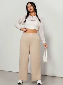 SHEIN EZwear Plus Solid Wide Leg Suit Trousers - Beige - View 5