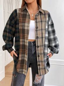 SHEIN EZwear Plaid Print Drop Shoulder Overcoat - Multicolor - View 1