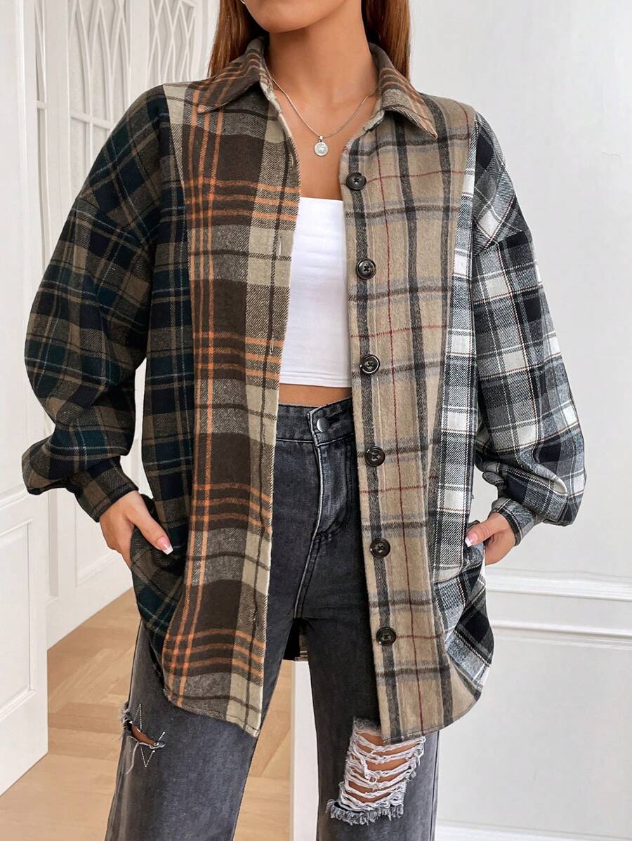 SHEIN EZwear Plaid Print Drop Shoulder Overcoat - Multicolor - View 1