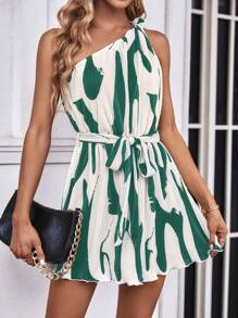 SHEIN Privé Allover Print One Shoulder Belted Romper