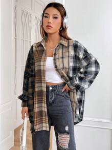 SHEIN EZwear Plaid Print Drop Shoulder Overcoat - Multicolor - View 4
