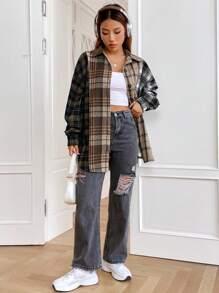 SHEIN EZwear Plaid Print Drop Shoulder Overcoat - Multicolor - View 5