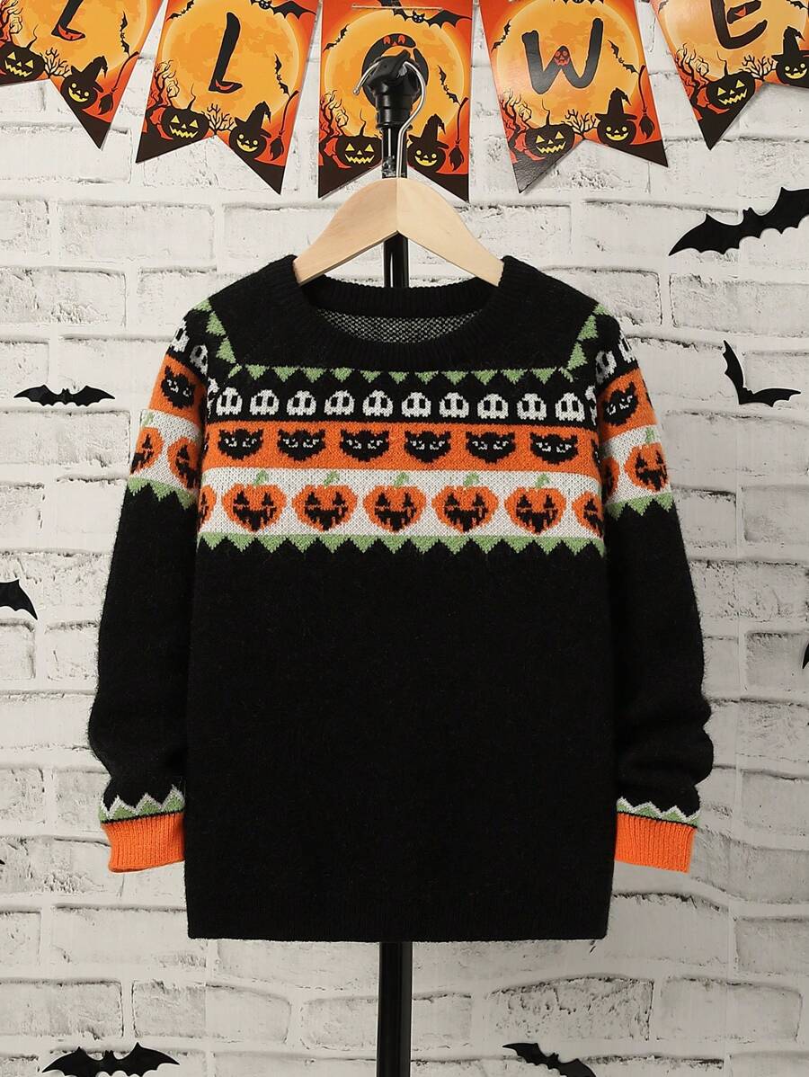 SHEIN Tween Boy Halloween Pumpkin Pattern Raglan Sleeve Sweater - Black - View 1