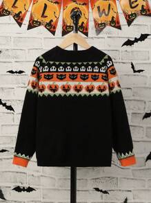 SHEIN Tween Boy Halloween Pumpkin Pattern Raglan Sleeve Sweater - Black - View 2
