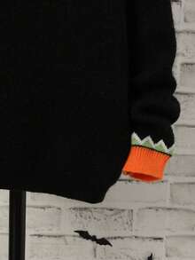 SHEIN Tween Boy Halloween Pumpkin Pattern Raglan Sleeve Sweater - Black - View 3