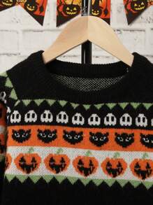 SHEIN Tween Boy Halloween Pumpkin Pattern Raglan Sleeve Sweater - Black - View 5
