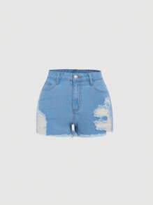 SHEIN Teen Girl Ripped Raw Hem Denim Shorts - Light Wash - View 1