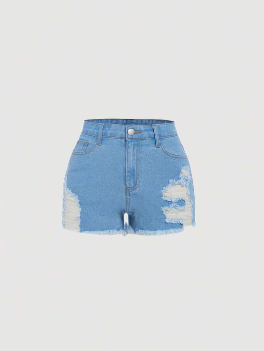 SHEIN Teen Girl Ripped Raw Hem Denim Shorts - Light Wash - View 1