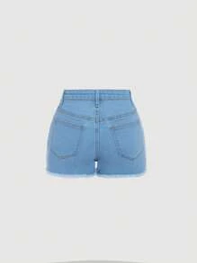SHEIN Teen Girl Ripped Raw Hem Denim Shorts - Light Wash - View 2