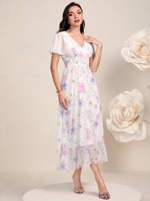 Modelyn 印花蝴蝶袖網紗覆蓋洋裝 - 白色 - 查看 1