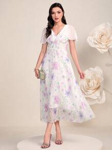 Modelyn 印花蝴蝶袖網紗覆蓋洋裝 - 白色 - 查看 4