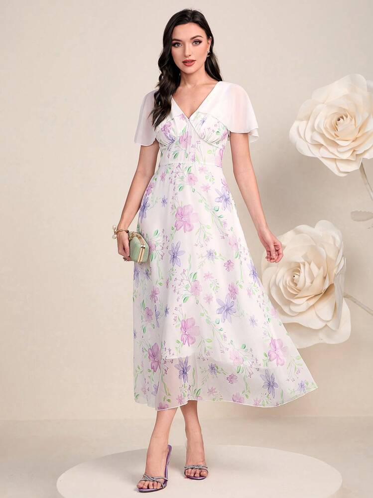 Modelyn Floral Print Butterfly Sleeve Mesh Overlay Dress - White - View 4