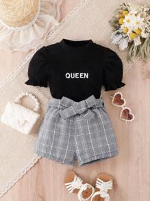 Baby Letter Embroidery Puff Sleeve Tee & Plaid Print Shorts - Multicolor - View 1