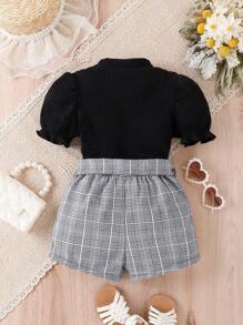 Baby Letter Embroidery Puff Sleeve Tee & Plaid Print Shorts - Multicolor - View 2