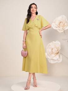 Modelyn Solid Batwing Sleeve A-line Dress - Yellow - View 1