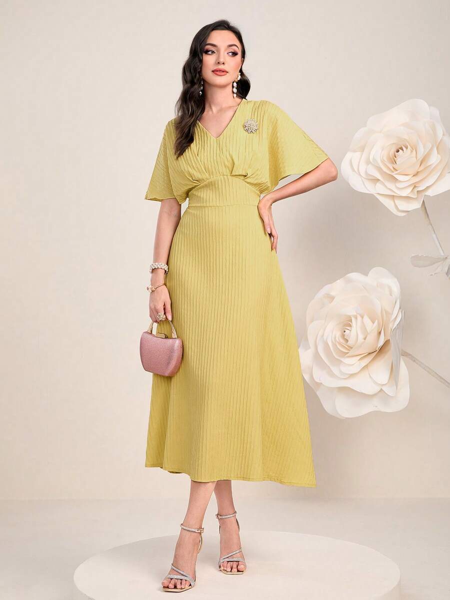 Modelyn Solid Batwing Sleeve A-line Dress - Yellow - View 1