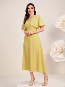 Modelyn Solid Batwing Sleeve A-line Dress - Yellow - View 3