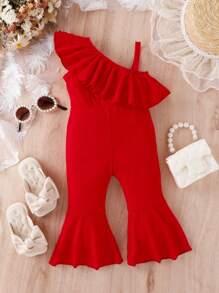 Baby Asymmetrical Neck Ruffle Trim Flare Leg Jumpsuit - Red - View 1