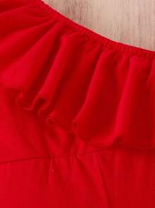 Baby Asymmetrical Neck Ruffle Trim Flare Leg Jumpsuit - Red - View 4