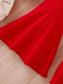 Baby Asymmetrical Neck Ruffle Trim Flare Leg Jumpsuit - Red - View 6