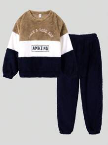 SHEIN Tween Boy Slogan Embroidery Colorblock Teddy Pullover & Pants PJ Set - Multicolor - View 2