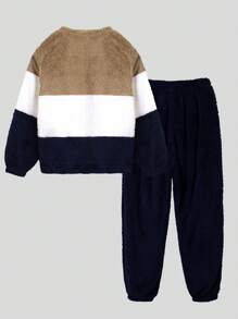 SHEIN Tween Boy Slogan Embroidery Colorblock Teddy Pullover & Pants PJ Set - Multicolor - View 4