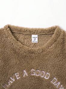 SHEIN Tween Boy Slogan Embroidery Colorblock Teddy Pullover & Pants PJ Set - Multicolor - View 7