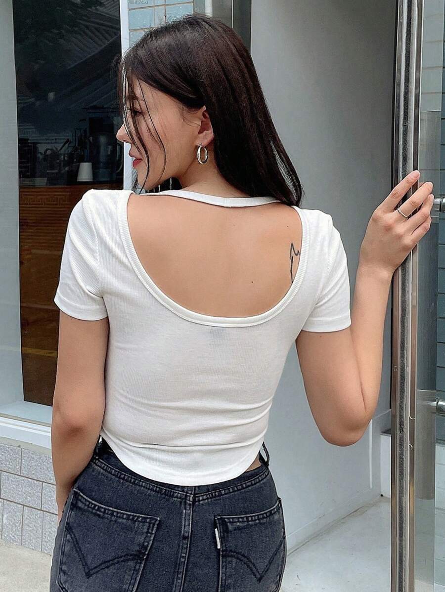DAZY Camiseta con abertura de espalda abierta tejido de canalé - Blanco - Ver 1