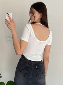 DAZY Camiseta con abertura de espalda abierta tejido de canalé - Blanco - Ver 3