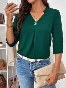 SHEIN Clasi Chất rắn Đường viền cổ có rãnh Chi tiết nếp Áo sơ mi - Màu xanh lá cây đậm - Xem 2