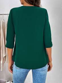 SHEIN Clasi Chất rắn Đường viền cổ có rãnh Chi tiết nếp Áo sơ mi - Màu xanh lá cây đậm - Xem 3