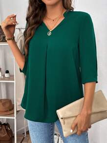 SHEIN Clasi Chất rắn Đường viền cổ có rãnh Chi tiết nếp Áo sơ mi - Màu xanh lá cây đậm - Xem 1