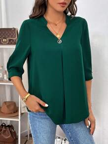 SHEIN Clasi Chất rắn Đường viền cổ có rãnh Chi tiết nếp Áo sơ mi - Màu xanh lá cây đậm - Xem 4