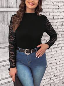 SHEIN Clasi 大碼蕾絲拼接小高領上衣 - 黑色 - 查看 3
