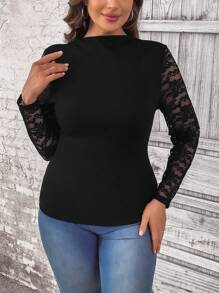 SHEIN Clasi 大碼蕾絲拼接小高領上衣 - 黑色 - 查看 6