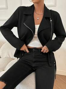 SHEIN LUNE Zip Up Biker Jacket - Black - View 1