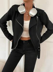 SHEIN LUNE Zip Up Biker Jacket - Black - View 3