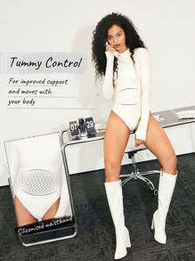 GLOWMODE Featherfit™ 肚皮控制半拉鍊運動連體褲,帶拇指孔的白色連身衣 - 奶油白 - 查看 3