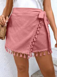SHEIN LUNE 大碼流蘇邊圍裹側打結裙裤