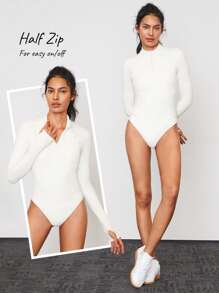 GLOWMODE Featherfit™ 肚皮控制半拉鍊運動連體褲,帶拇指孔的白色連身衣 - 奶油白 - 查看 6