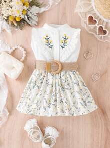 Baby Floral Embroidery Ruffle Trim Button Front Dress