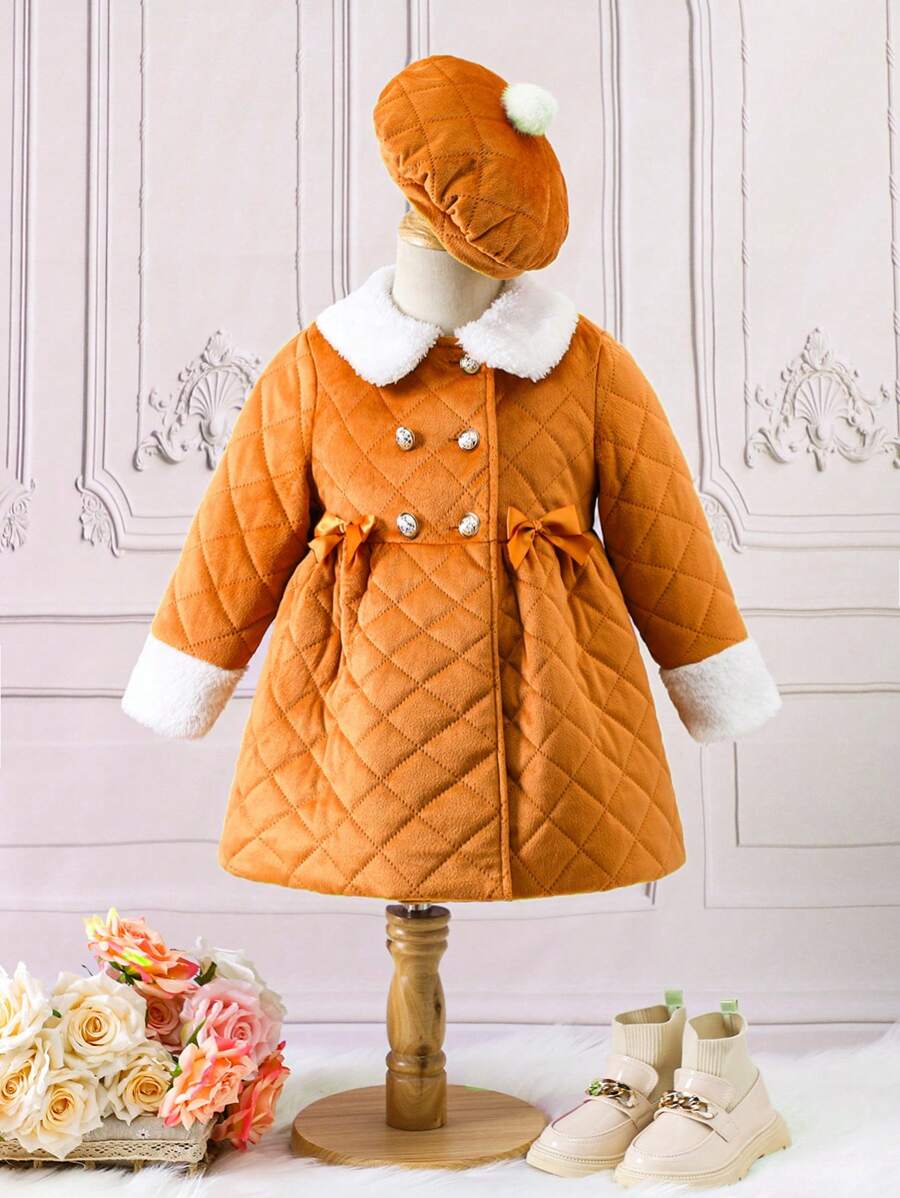SHEIN Young Girl Borg Collar Bow Front Double Breasted Quilted Coat & Hat - Orange - View 1