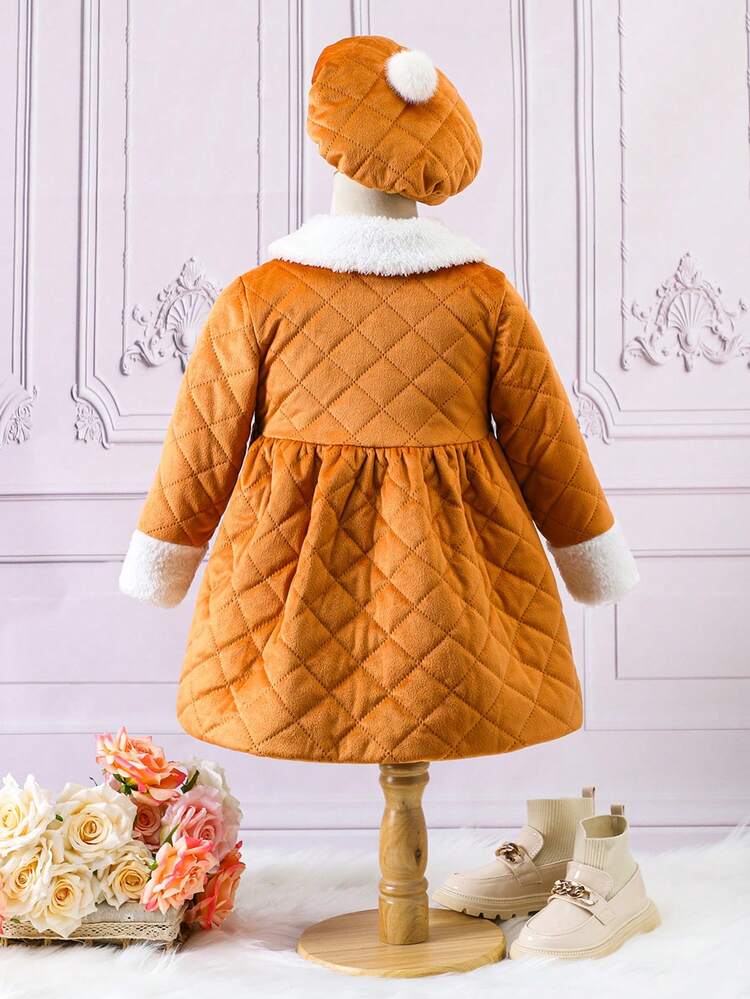 Young Girl Borg Collar Bow Front Double Breasted Quilted Coat & Hat
