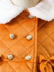 SHEIN Young Girl Borg Collar Bow Front Double Breasted Quilted Coat & Hat - Orange - View 5