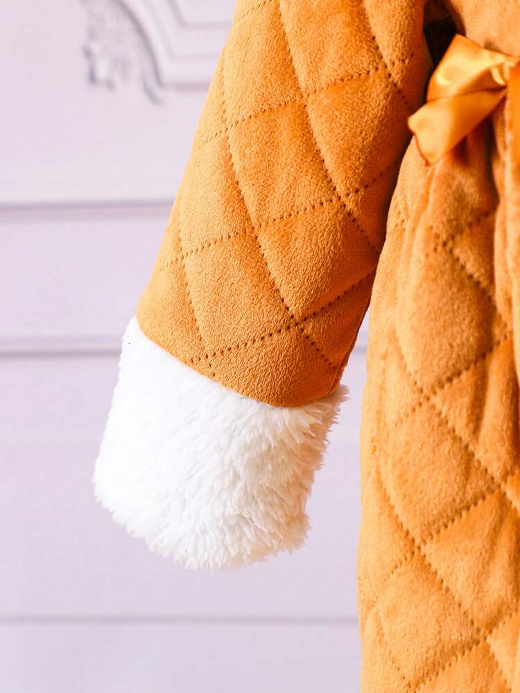 Young Girl Borg Collar Bow Front Double Breasted Quilted Coat & Hat