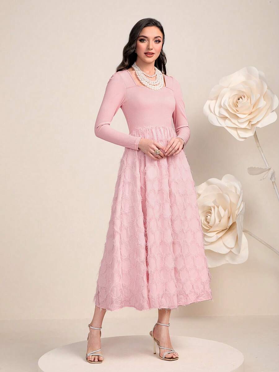 Modelyn 素色方領A字洋裝 - 粉色 - 查看 1