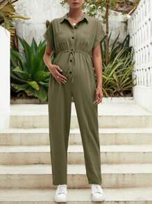 SHEIN 孕婦蝙蝠袖腰部抽繩襯衫連體褲 - 軍綠色 - 查看 3